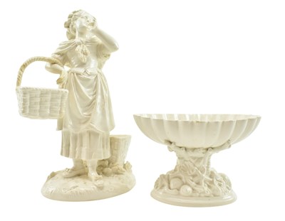 Lot 38 - TWO VICTORIAN WHITE PORCELAIN FIGURINES, ONE A SHELL CENTREPIECE