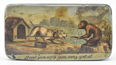 Lot 123 - 19TH CENTURY PAPIER MACHE SNUFF BOX WITH SCENE OF MONKEY AND A DOG