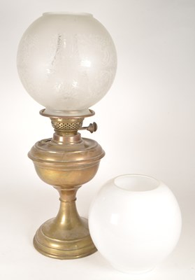 Lot 233 - DUPLEX TWIN WICK BRASS OIL LAMP WITH SHADE AND CHIMNEY