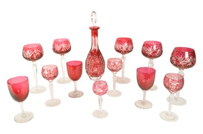 Lot 33 - MID CENTURY CRANBERRY AND CLEAR GLASS INCL DECANTER AND GLASSES