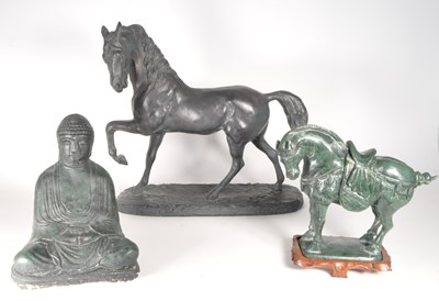 Lot 250 - TANG HORSE ALONG WITH SCULPTED LARGE PRANCING HORSE AND BUDDHA
