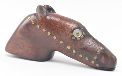 Lot 173 - 19TH CENTURY TREEN INLAY SNUFF IN A FORM OF A GREYHOUND HEAD