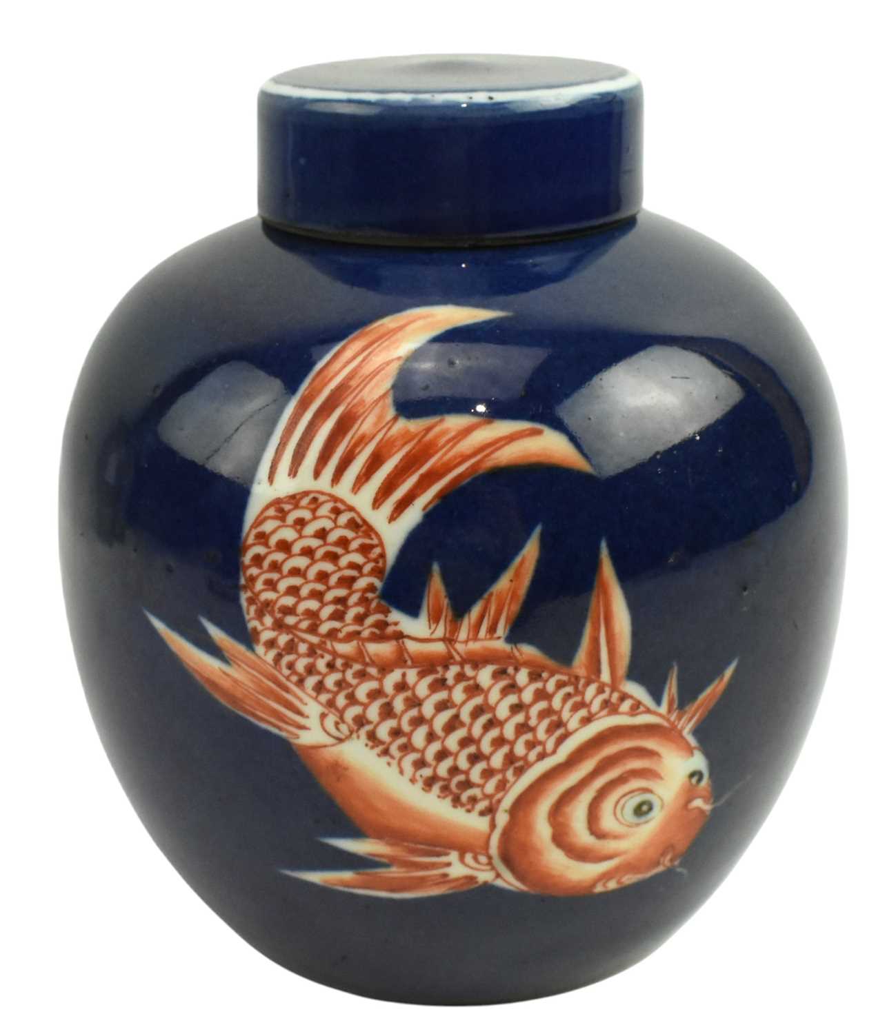 Lot 5 - LATE QING DYNASTY POWDER 'FISH' BLUE GINGER JAR 晚清 洒蓝鲤鱼图罐
