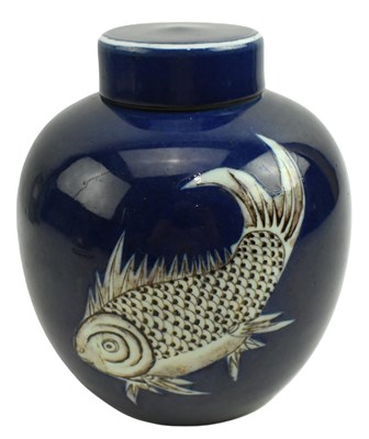 Lot 5 - LATE QING DYNASTY POWDER 'FISH' BLUE GINGER JAR 晚清 洒蓝鲤鱼图罐
