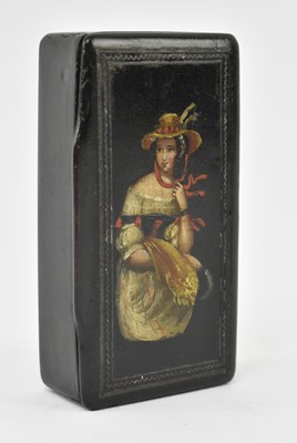 Lot 117 - 19TH CENTURY PAPIER MACHE " GIRL IN A BONNET " SNUFF BOX