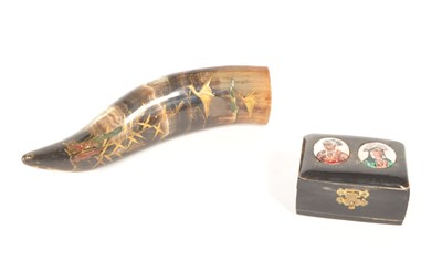 Lot 235 - EARLY 20TH CENTURY HAND PAINTED JAPANESE HORN W/ MARRIAGE BOX