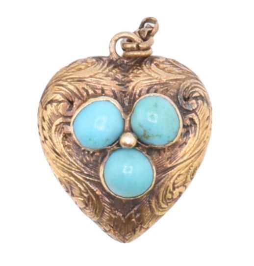 Lot 14 - 19TH CENTURY GOLD & TURQUOISE HEART LOCKET PENDANT