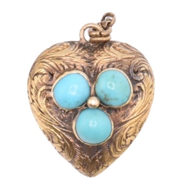 Lot 14 - 19TH CENTURY GOLD & TURQUOISE HEART LOCKET PENDANT