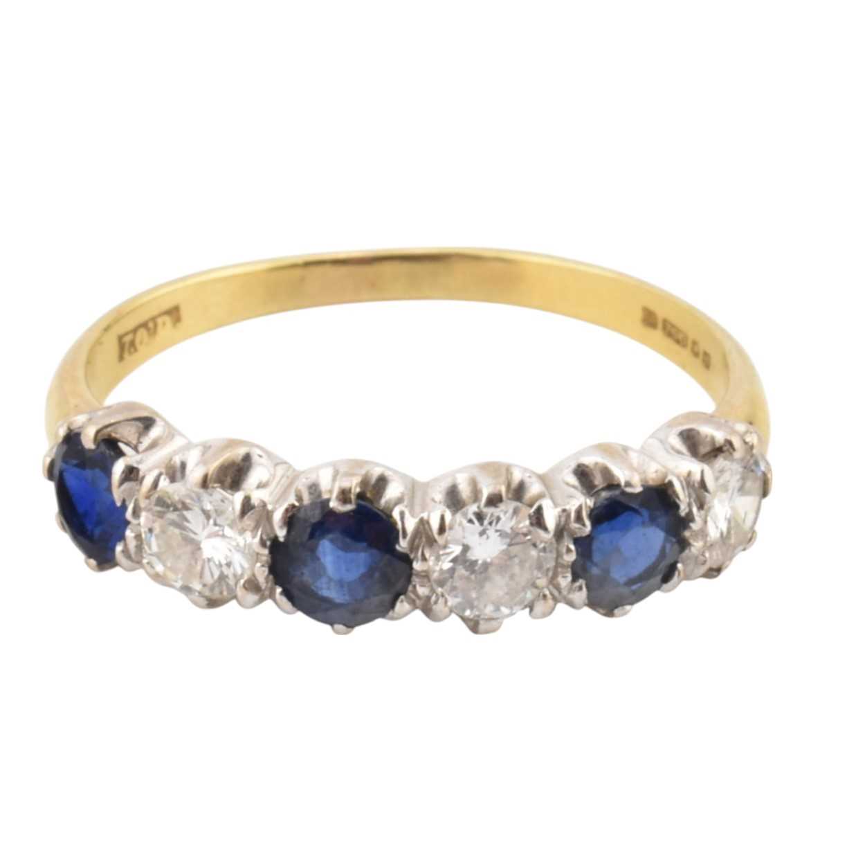 Lot 66 - HALLMARKED 18CT GOLD SAPPHIRE & DIAMOND FIVE STONE RING