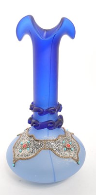 Lot 368 - VINTAGE BEJEWELLED BLUE GLASS VASE