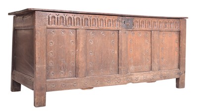 Lot 446 - 17TH CENTURY CARVED OAK HINGED TOP COFFER