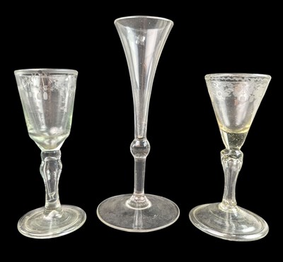 Lot 33 - TWO GEORGE II CIRCA 1740 HAND BLOWN CORDIAL GLASSES T/W ANOTHER