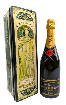 Lot 213 - VINTAGE 1988 MOET & CHANDON CHAMPAGNE BOTTLE IN MUCHA'S TIN BOX