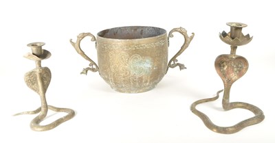 Lot 263 - 20TH CENTURY BRASS INDIAN PLANTER AND BRASS CANDLESTICK HOLDERS