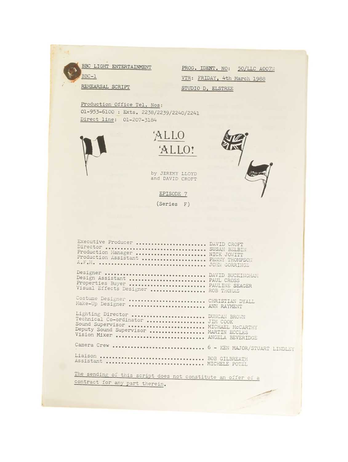 Lot 51 - 'ALLO 'ALLO! (BBC SITCOM) - ORIGINAL REHEARSAL SCRIPT