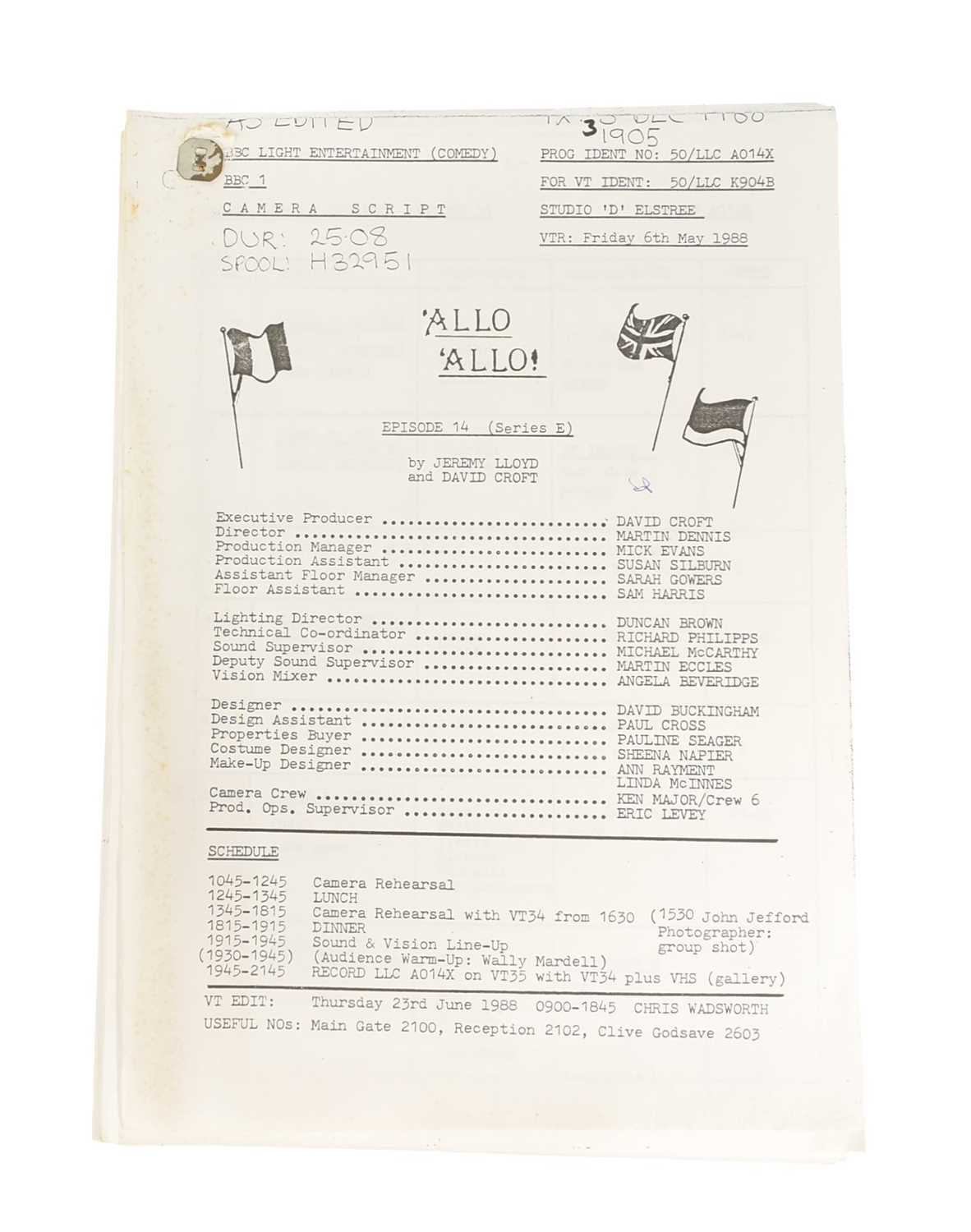 Lot 28 - 'ALLO 'ALLO! (BBC SITCOM) - ORIGINAL PRODUCTION SCRIPT