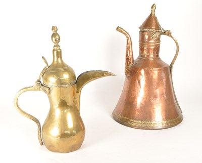 Lot 279 - LATE 19TH / EARLY 20TH CENTURY BRASS DALLAH WITH COPPER JUG / KETTLE