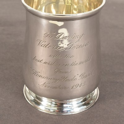 Lot 129 - VALERIE LEON'S COLLECTION - HALLMARKED SILVER CHRISTENING MUG & AUTOGRAPH