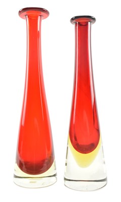 Lot 262 - FLAVIO POLI FOR MURANO - TWO MID CENTURY 1960S SOMMERSO RED GLASS CENTREPIECE VASES
