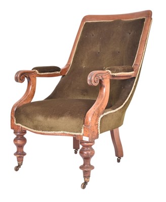 Lot 324 - 19TH CENTURY GREEN UPHOLSTERED & WALNUT BUTTON BACK ARMCHAIR