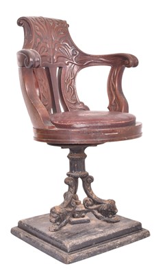 Lot 303 - VICTORIAN 19TH CENTURY CARVED OAK & CAST IRON BASE CAPTAIN'S CHAIR BY STEWART & CO, GLASGOW