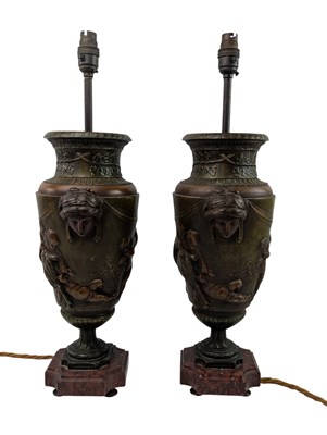 Lot 292 - PAIR OF ITALIAN GRAND TOUR STYLE BRONZED METAL & MARBLE URN LAMPS