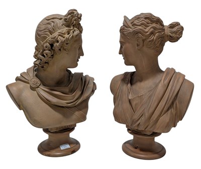 Lot 344 - PAIR OF 20TH CENTURY TERRACOTTA BUSTS OF APOLLO & ARTEMIS