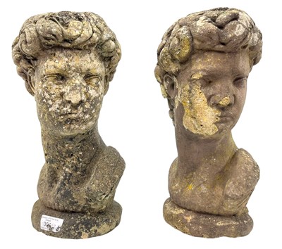 Lot 384 - TWO COMPOSITE STONE GARDEN HEADS AFTER MICHELANGELO'S DAVID