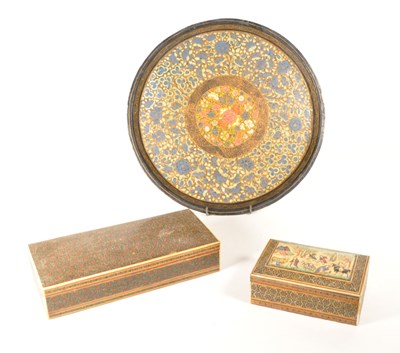 Lot 287 - TWO 20TH CENTURY PERSIAN KHATAM LIDDED BOXES WITH KASHMIR TRAY