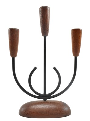 Lot 608 - DANISH MODERN DESIGN - RETRO TEAK AND METAL CANDLESTICK HOLDRE