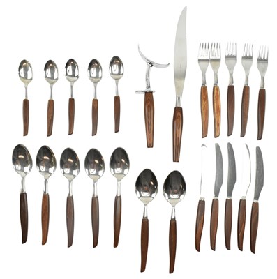 Lot 101 - VINTAGE DANISH MANNER STEEL & TEAK CUTLERY SERVICE COMPLETE WITH MEAT CARVING SET