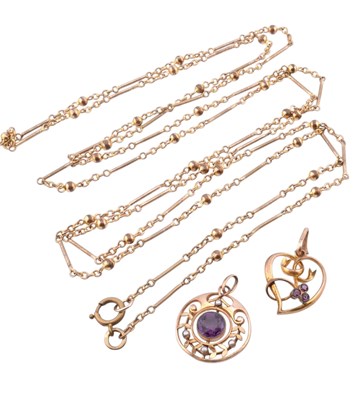 Lot 166 - TWO ART NOUVEAN PENDANTS & A LONG GUARD CHAIN