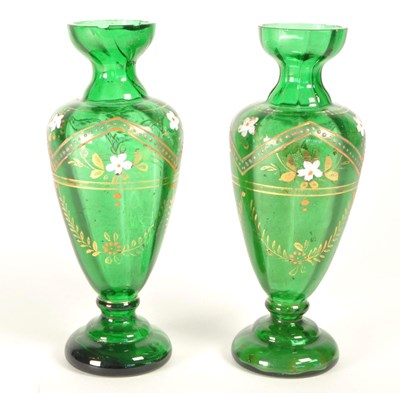 Lot 125 - PAIR OF 19TH CENTURY BOHEMIAN GREEN GLASS VASES