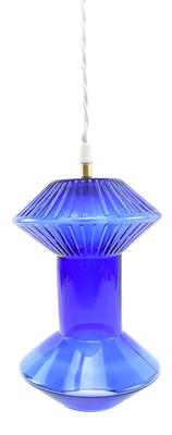Lot 515 - CONTEMPORARY BLUE COBALT GLASS CEILING PENDANT LIGHT CONVERTED FROM IKEA VASE