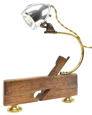 Lot 531 - VINTAGE DESK LAMP CONVERTED FROM A CARPENTER'S PLANE & BICYCLE LAMP