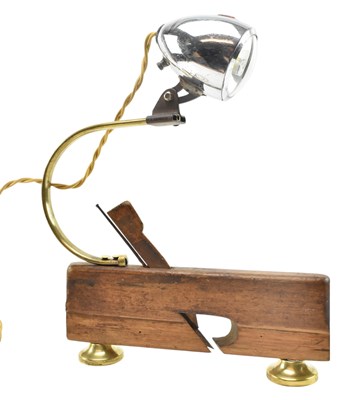Lot 531 - VINTAGE DESK LAMP CONVERTED FROM A CARPENTER'S PLANE & BICYCLE LAMP