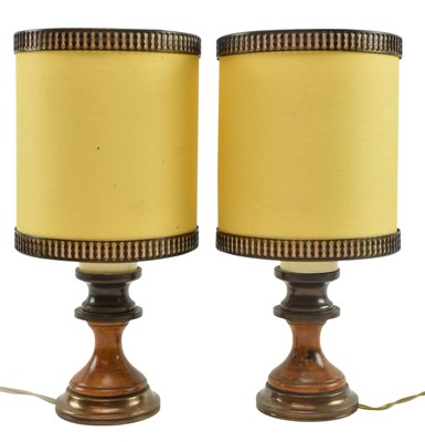 Lot 558 - PAIR OF ITALIAN MID CENTURY WOODEN & BRASS DESK LAMPS WITH ORIGINAL SHADES