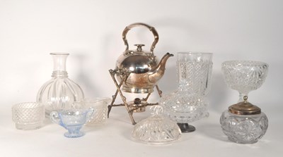 Lot 127 - EARLY 20TH CENTURY SILVER PLATED SPIRIT KETTLE AND CRYSTAL CUT GLASS