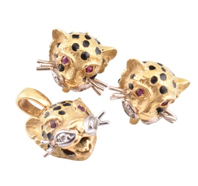 Lot 146 - 18CT GOLD RUBY & DIAMOND PANTHER PENDANT & EARRING SUITE