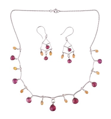 Lot 50 - 18CT WHITE GOLD TOURMALINE & DIAMOND NECKLACE & EARRING SUITE