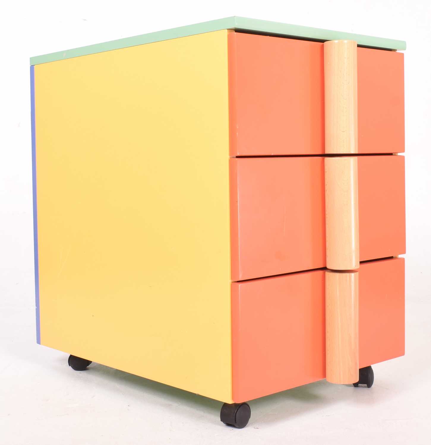 Lot 615 - VINTAGE IKEA MANNER PASTEL COLOURED BEDSIDE TABLE WITH CYLINDRICAL HANDLES