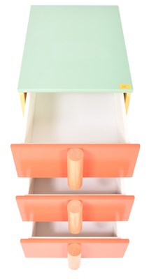 Lot 615 - VINTAGE IKEA MANNER PASTEL COLOURED BEDSIDE TABLE WITH CYLINDRICAL HANDLES