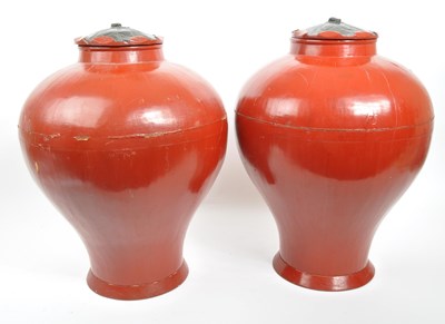 Lot 442 - PAIR OF CHINESE RED LACQUERED LIDDED VASE / URNS