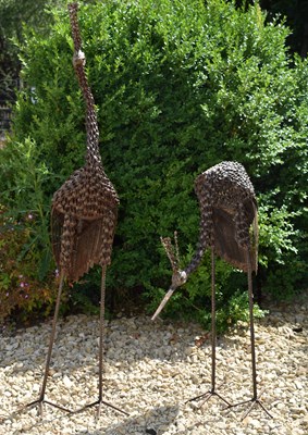 Lot 572 - TWO VINTAGE CAST METAL GARDEN HERON / STORK SCULPTURES