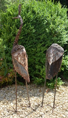 Lot 572 - TWO VINTAGE CAST METAL GARDEN HERON / STORK SCULPTURES
