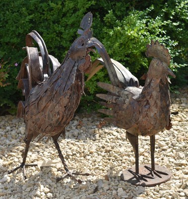 Lot 574 - TWO VINTAGE CAST METAL GARDEN SCULPTURES OF COCKERELS