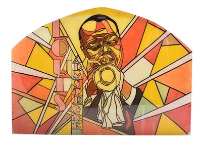 Lot 78 - LOUIS ARMSTRONG - LARGE HAND-PAINTED GLASS WINDOW PANEL