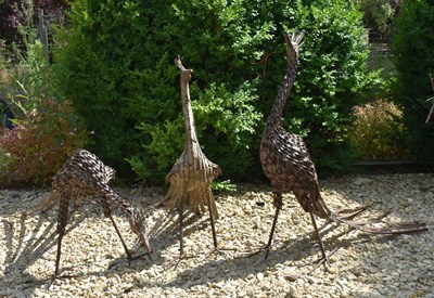 Lot 576 - THREE VINTAGE CAST METAL GARDEN SCULPTURES OF PEACOCKS