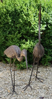 Lot 590 - TWO VINTAGE CAST METAL GARDEN HERON / STORK SCULPTURES
