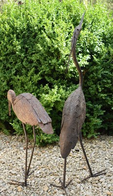 Lot 590 - TWO VINTAGE CAST METAL GARDEN HERON / STORK SCULPTURES